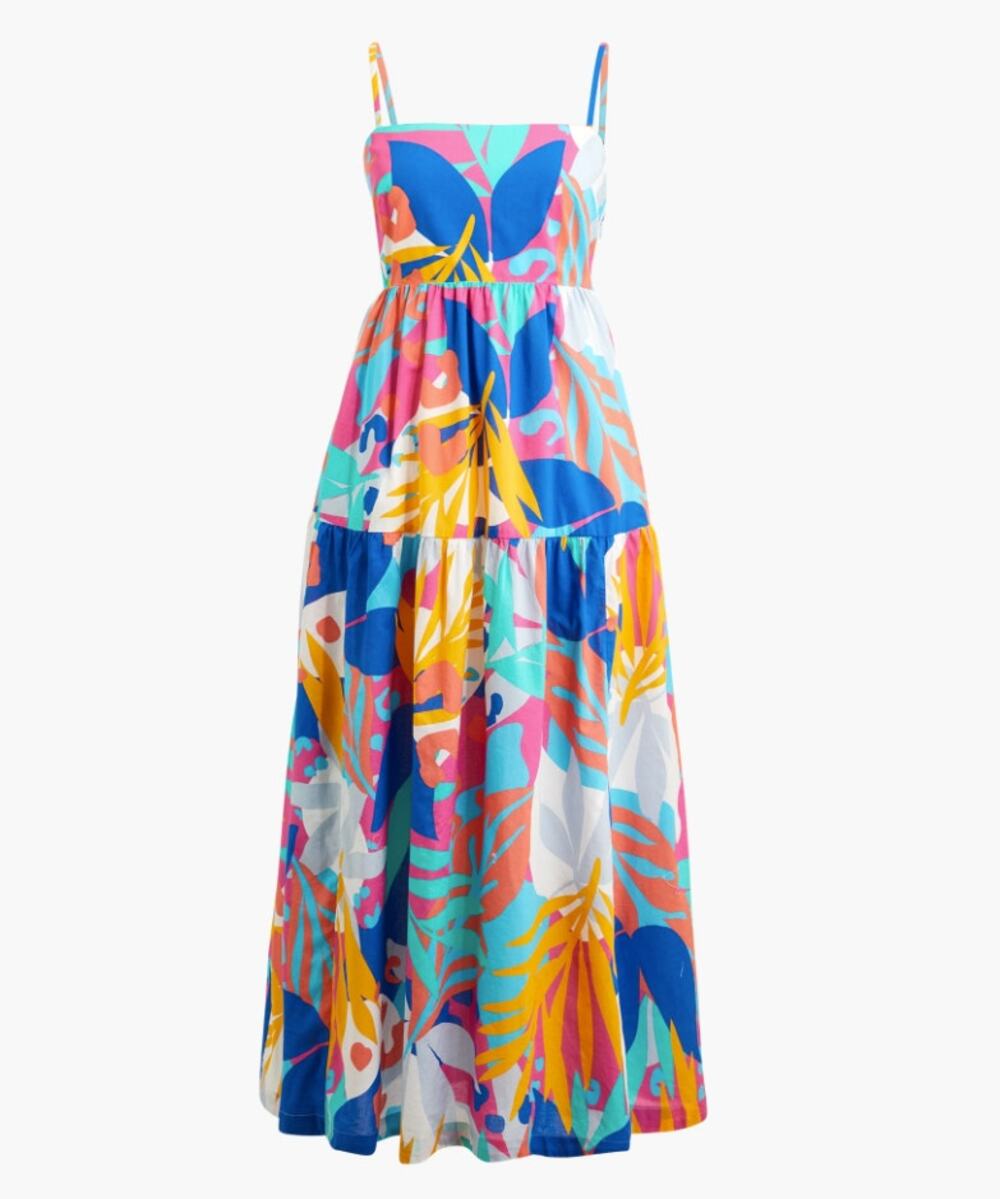 J.Crew Tropical Floral Cotton Tiered Maxi Dress Tie Back Colorful Vacation 14